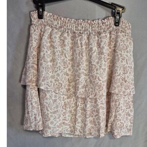 Altar'd‎ State Tiered Ruffle Mini Skirt Ivory Taupe Floral Elastic Waist Boho